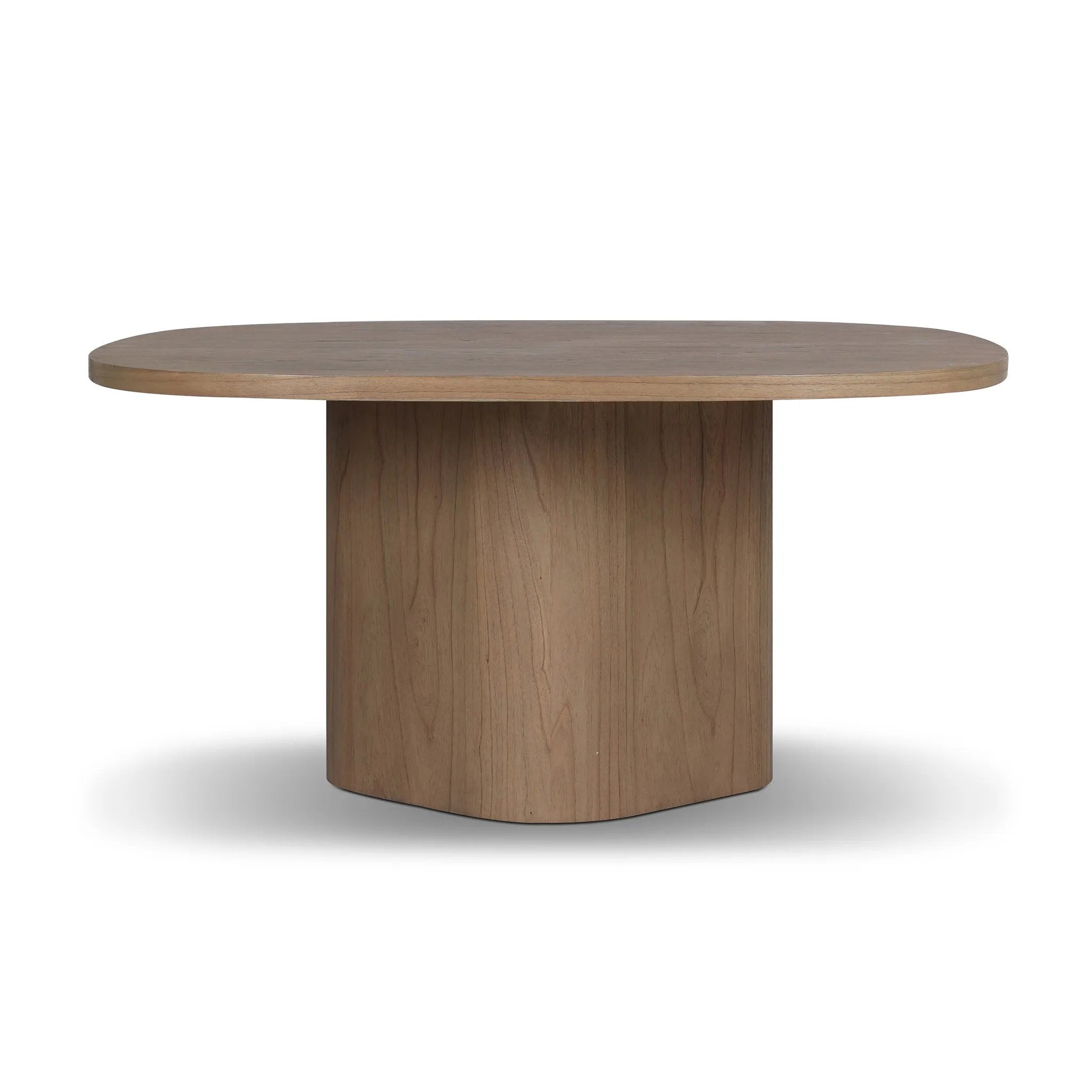 Center your dining space with a beautifully simple style inspired by soft Brutalism. Made from solid mindi with a light, sandy finish, this monolithic piece features a unique "squircle" tabletop, with flowing curves on its edges. A substantial plinth base is rotated to a 45-degree angle to highlight this piece's playful shaping Amethyst Home provides interior design, new home construction design consulting, vintage area rugs, and lighting in the Monterey metro area.