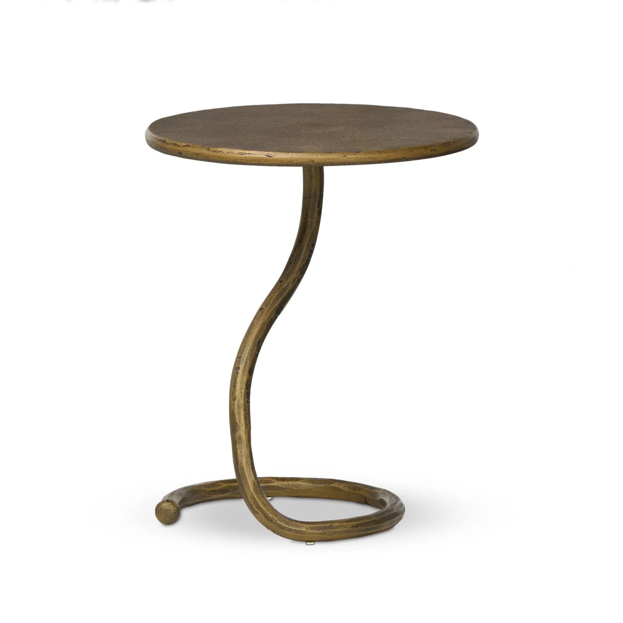 Featuring Vera Hammered Aged Brass End Table by Four Hands at Amethyst Home. A low-profile end table features a snake-like base finished in a hammered aged brass. Perfectly sized to keep your favorite drink or book within reach, to make your evening ritual a little smoother. Overall Dimensions: 16.00"w x 16.00"d x 18.75"h. Amethyst Home provides interior design, new home construction design consulting, vintage area rugs, and lighting in the Nashville metro area.