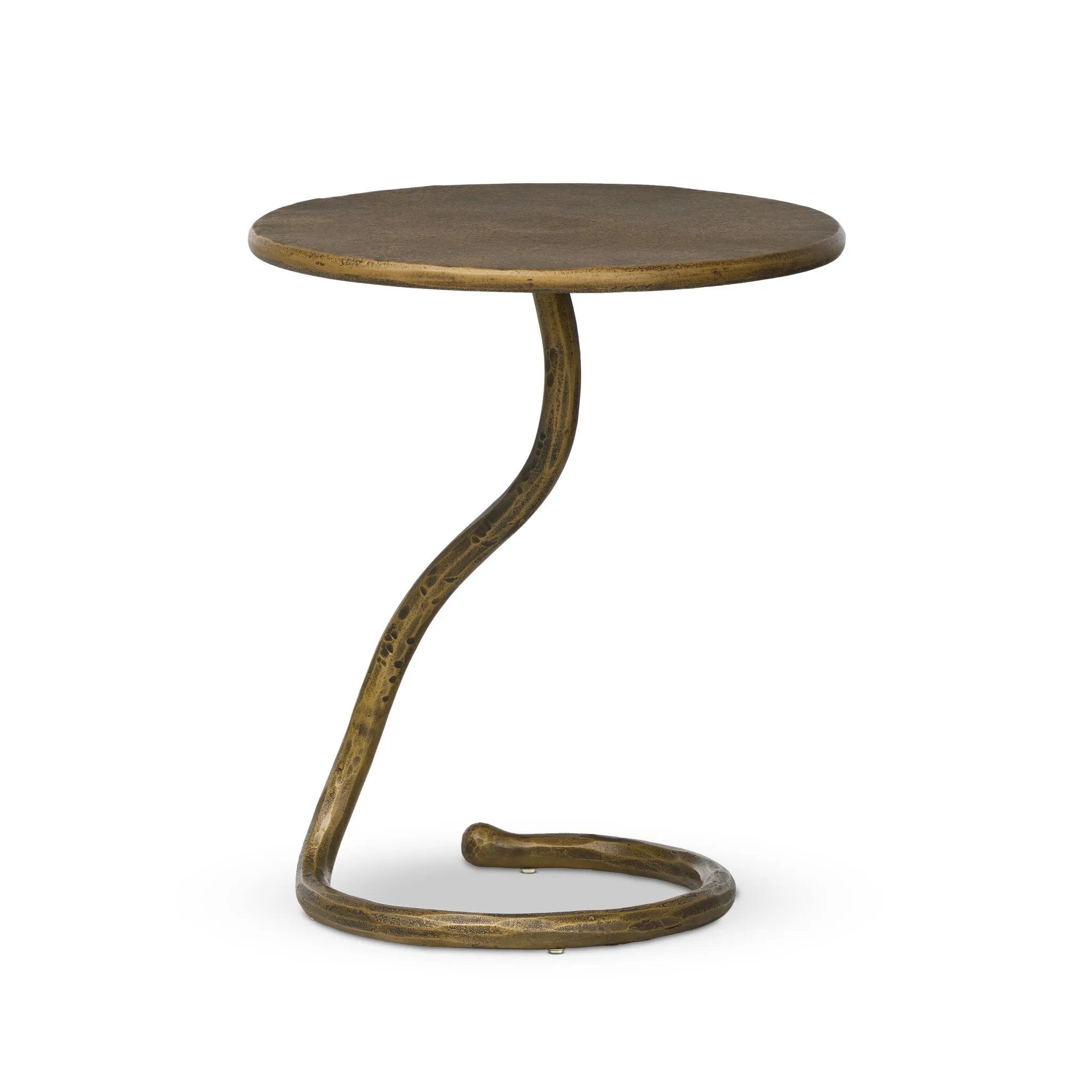 A low-profile end table features a snake-like base finished in a hammered aged brass. Perfectly sized to keep your favorite drink or book within reach, to make your evening ritual a little smoother Amethyst Home provides interior design, new home construction design consulting, vintage area rugs, and lighting in the Salt Lake City metro area.