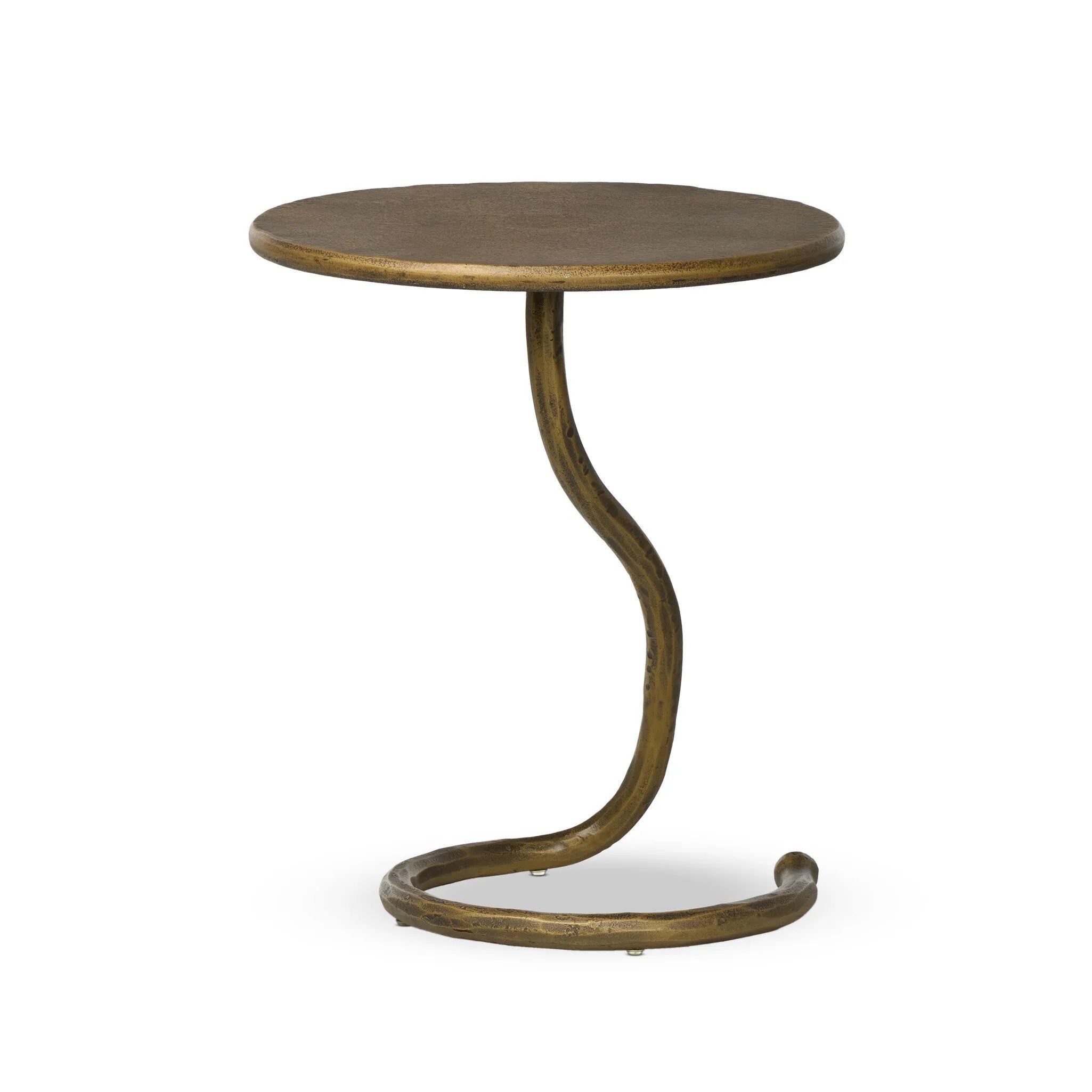 A low-profile end table features a snake-like base finished in a hammered aged brass. Perfectly sized to keep your favorite drink or book within reach, to make your evening ritual a little smoother Amethyst Home provides interior design, new home construction design consulting, vintage area rugs, and lighting in the Washington metro area.