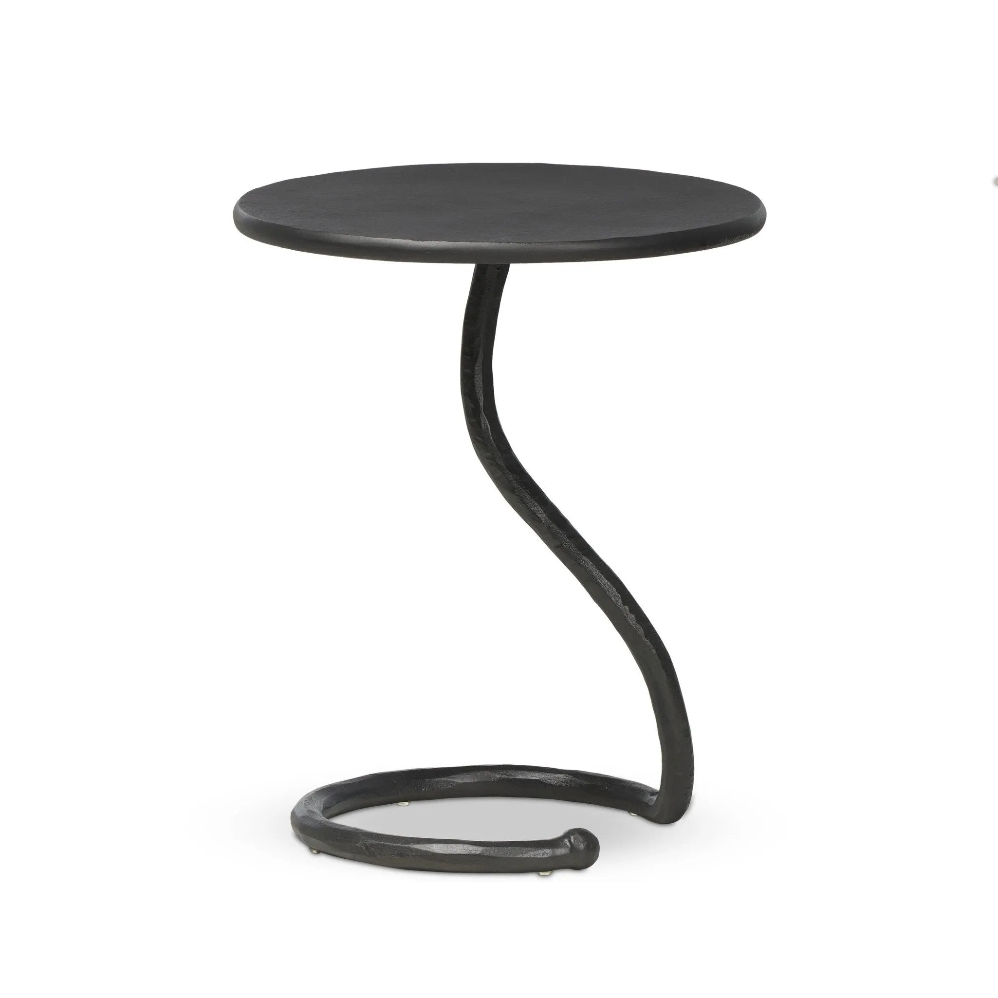 A low-profile end table features a snake-like base finished in a hammered gunmetal. Perfectly sized to keep your favorite drink or book within reach, to make your evening ritual a little smoother Amethyst Home provides interior design, new home construction design consulting, vintage area rugs, and lighting in the Calabasas metro area.