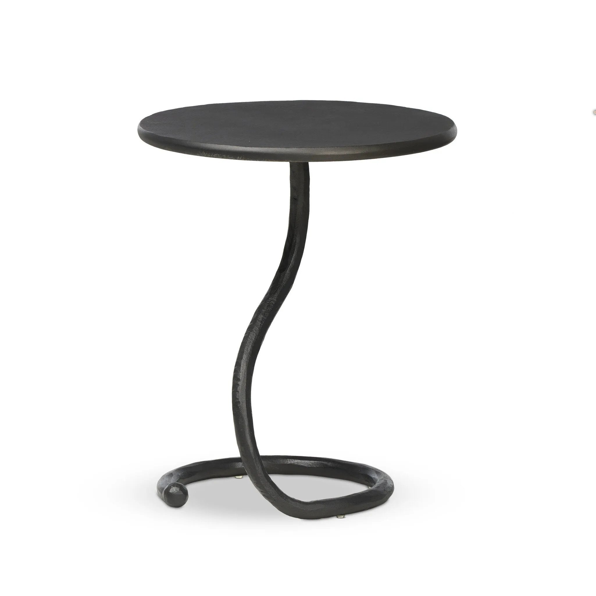 A low-profile end table features a snake-like base finished in a hammered gunmetal. Perfectly sized to keep your favorite drink or book within reach, to make your evening ritual a little smoother Amethyst Home provides interior design, new home construction design consulting, vintage area rugs, and lighting in the Des Moines metro area.