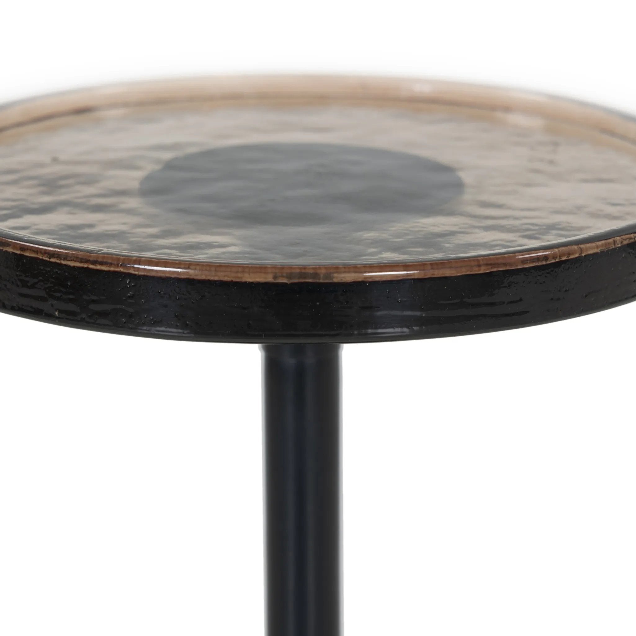 A sphere-shaped base of amber cast glass supports slim, black-finished iron piping and a tray-style tabletop that's perfectly sized to keep your favorite book or nightcap within reach Amethyst Home provides interior design, new home construction design consulting, vintage area rugs, and lighting in the Park City metro area.