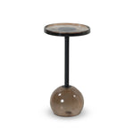 A sphere-shaped base of amber cast glass supports slim, black-finished iron piping and a tray-style tabletop that's perfectly sized to keep your favorite book or nightcap within reach Amethyst Home provides interior design, new home construction design consulting, vintage area rugs, and lighting in the Portland metro area.