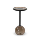 A sphere-shaped base of amber cast glass supports slim, black-finished iron piping and a tray-style tabletop that's perfectly sized to keep your favorite book or nightcap within reach Amethyst Home provides interior design, new home construction design consulting, vintage area rugs, and lighting in the Portland metro area.