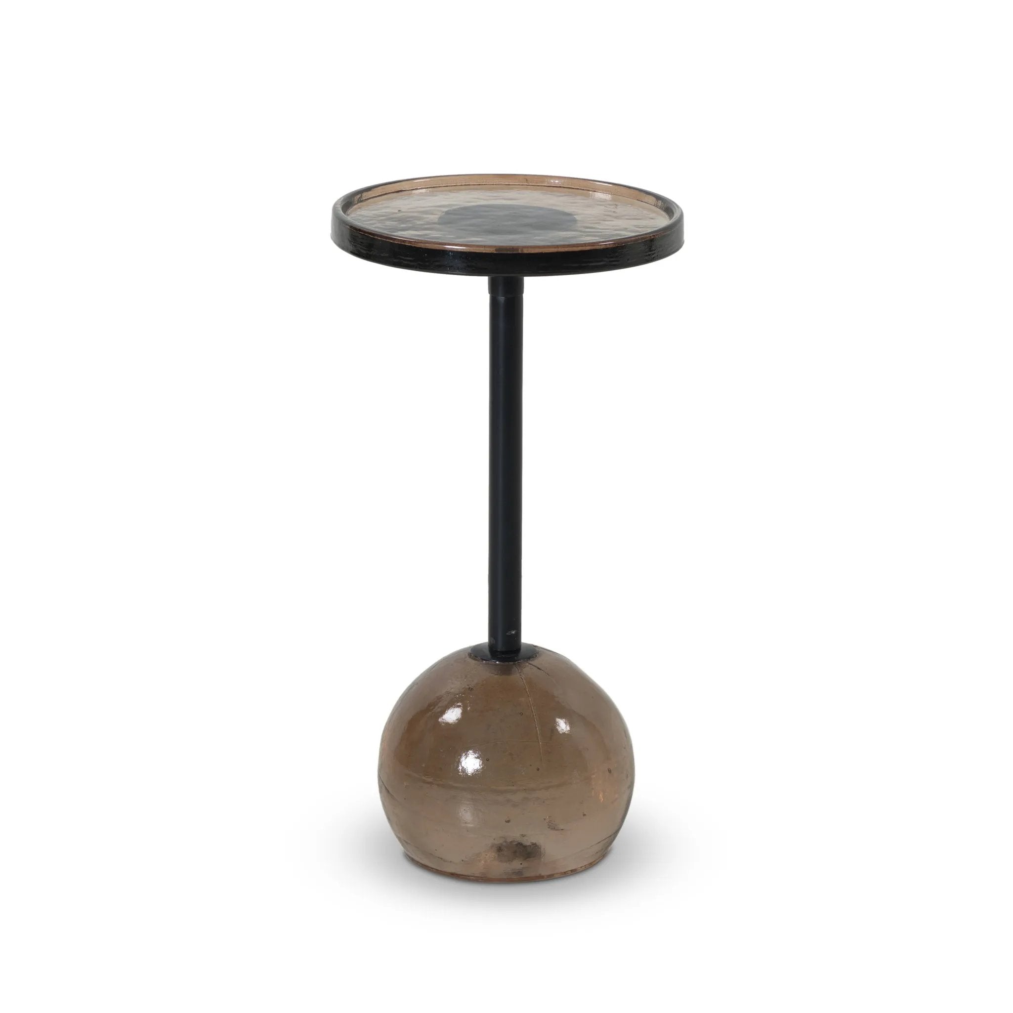 A sphere-shaped base of amber cast glass supports slim, black-finished iron piping and a tray-style tabletop that's perfectly sized to keep your favorite book or nightcap within reach Amethyst Home provides interior design, new home construction design consulting, vintage area rugs, and lighting in the Portland metro area.