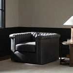 Featuring Watson Palermo Black Swivel Chair by Four Hands at Amethyst Home. Try a uniquely fresh take on traditional. Squared arms reimagine the English roll arm, with vertical channeling for a linear look with great texture. Swivel chair is upholstered in a thick-cut leather with natural graining throughout for added depth.
Overall Dimensions: 37.00"w x 33.50". Amethyst Home provides interior design, new home construction design consulting, vintage area rugs, and lighting in the Miami metro area.