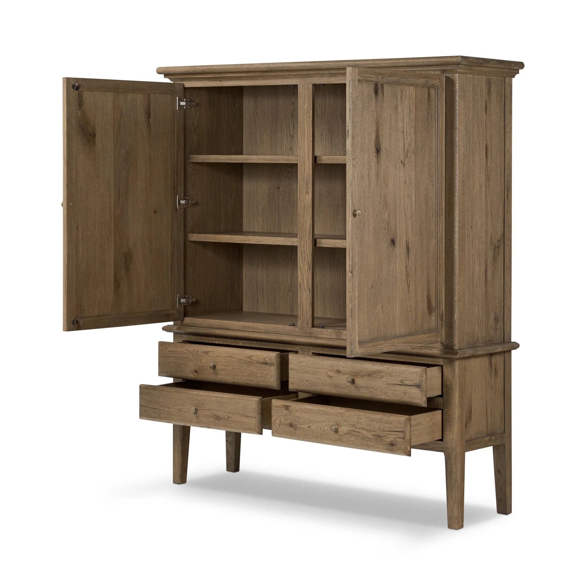 Featuring Whitman Worn Oak Cabinet by Four Hands at Amethyst Home. Crafted from worn oak for a found, heritage look, naturally beautiful cabinetry offers generous storage space by way of roomy shelving and four lower drawers.Overall Dimensions: 64.00"w x 19.00"d x 73.75"hWeight : 311.95 lbsMaterials: Solid Oak, Thick Oak Veneer. Amethyst Home provides interior design, new home construction design consulting, vintage area rugs, and lighting in the Newport Beach metro area.