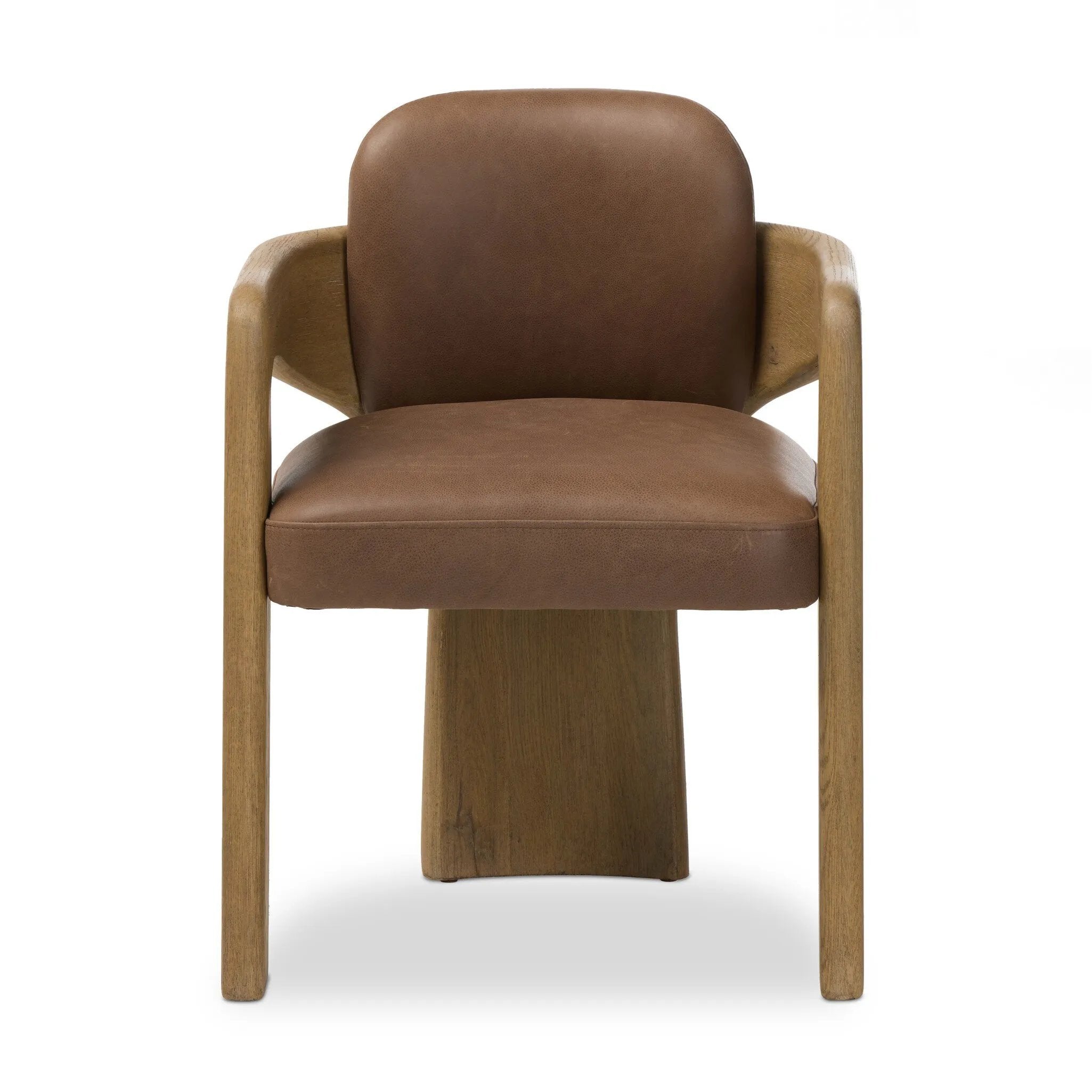 Striking from every view. This statement-making dining chair combines solid oak in tripod form with top-grain leather. The cantilever design, with a wide plank back and sloping arms, form an eye-catching silhouette for the floating seat and overflowing back cushion. Amethyst Home provides interior design, new home construction design consulting, vintage area rugs, and lighting in the Alpharetta metro area.