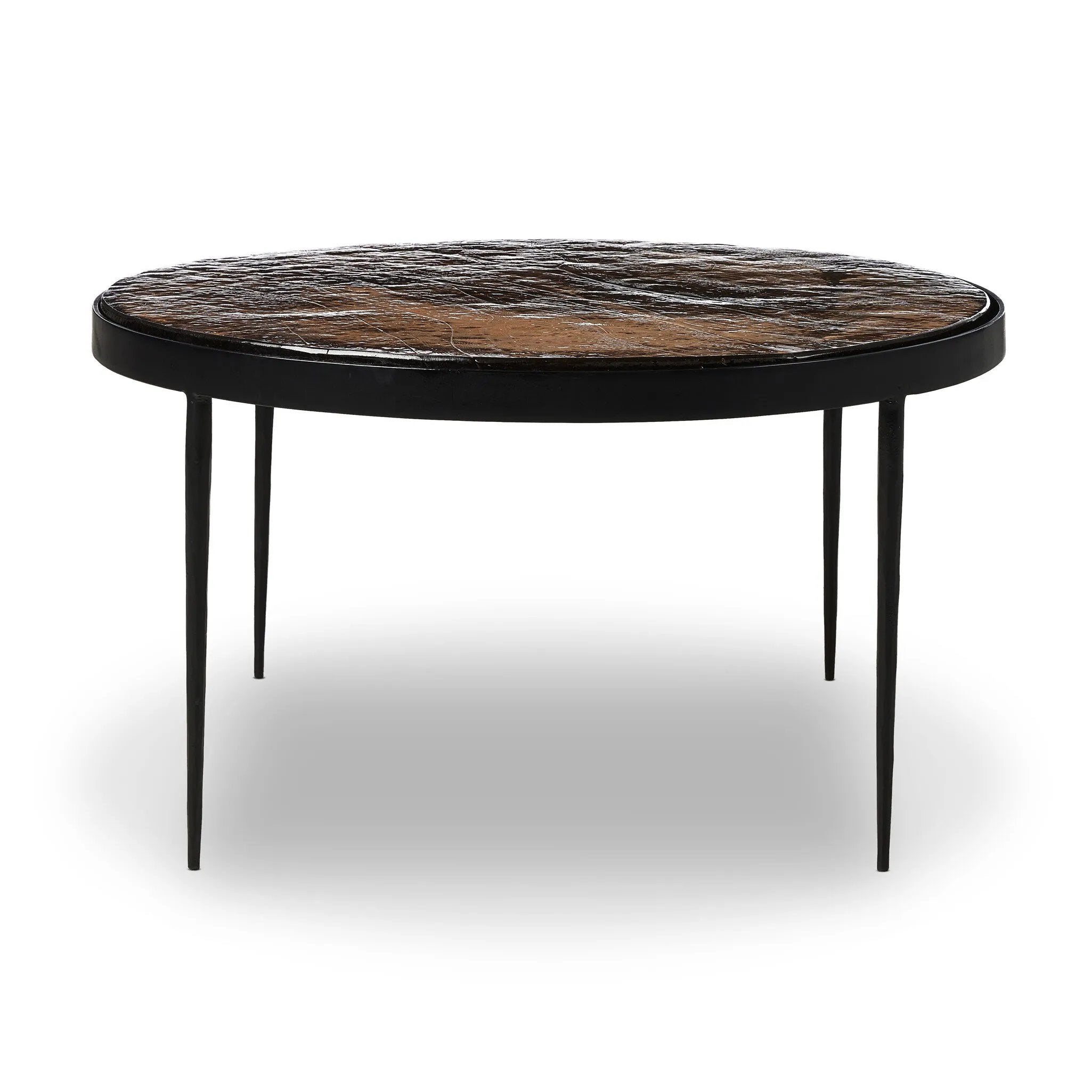 Smoky brown glass-topped table with slim, tapered matte black metal frames for a sleek, modern look. Part of a nesting set, can be used alone or paired with its smaller counterpart.Collection: Marlo Amethyst Home provides interior design, new home construction design consulting, vintage area rugs, and lighting in the Des Moines metro area.