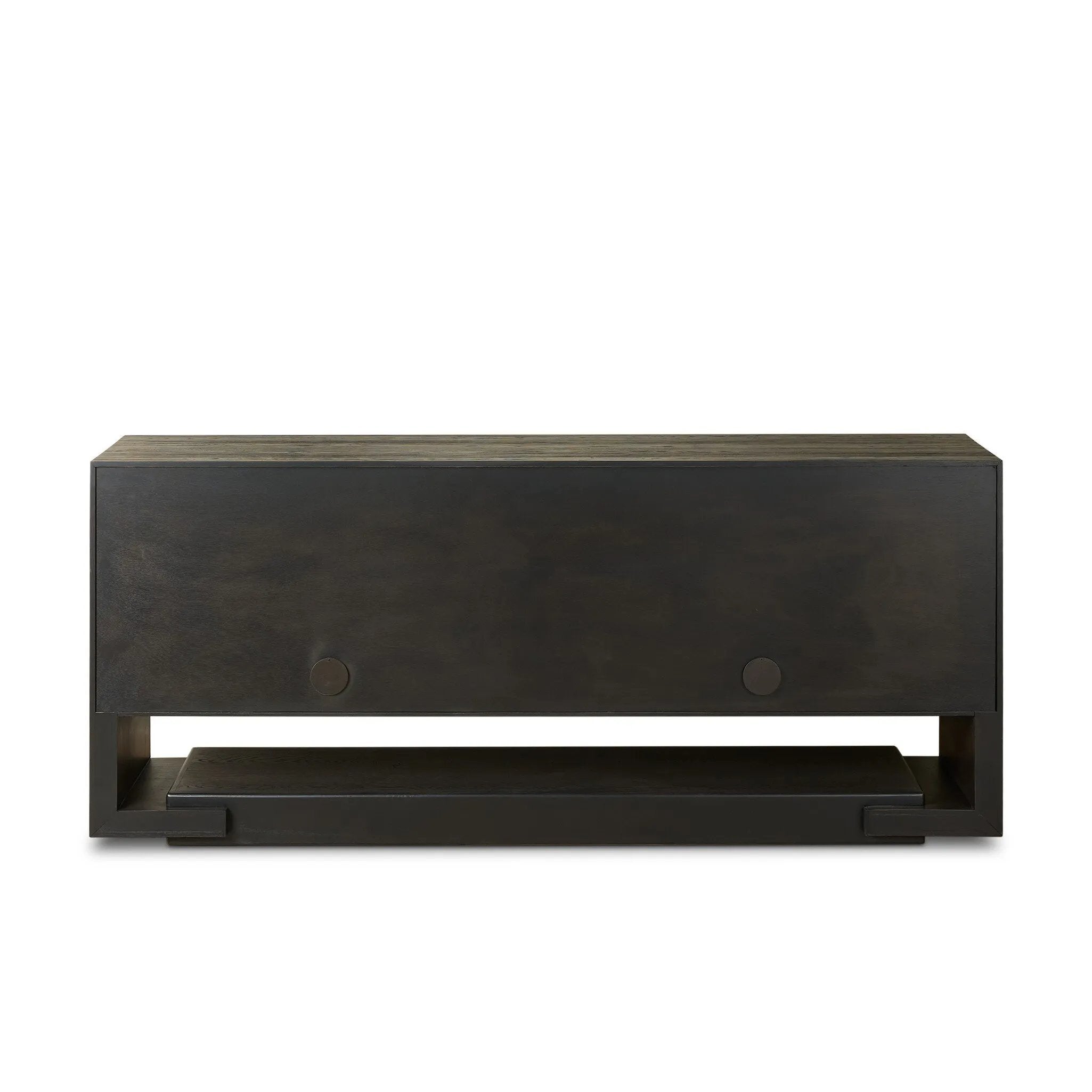 Store favorite table linens and serveware in an oak sideboard with a unique float-like appearance. A thick base doubles as bonus shelving, with inserted waterfall framing lifting up the full case. Finished in a smoked black to showcase gorgeous wood character. Amethyst Home provides interior design, new home construction design consulting, vintage area rugs, and lighting in the Calabasas metro area.