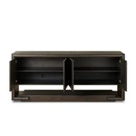 Store favorite table linens and serveware in an oak sideboard with a unique float-like appearance. A thick base doubles as bonus shelving, with inserted waterfall framing lifting up the full case. Finished in a smoked black to showcase gorgeous wood character. Amethyst Home provides interior design, new home construction design consulting, vintage area rugs, and lighting in the Des Moines metro area.