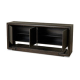 Store favorite table linens and serveware in an oak sideboard with a unique float-like appearance. A thick base doubles as bonus shelving, with inserted waterfall framing lifting up the full case. Finished in a smoked black to showcase gorgeous wood character. Amethyst Home provides interior design, new home construction design consulting, vintage area rugs, and lighting in the Monterey metro area.