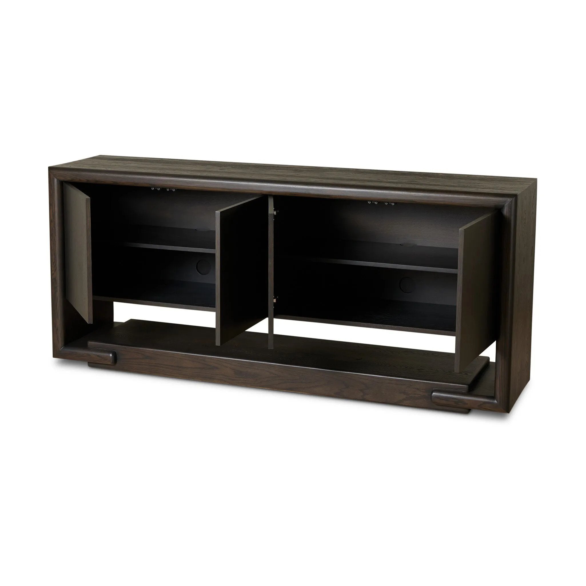 Store favorite table linens and serveware in an oak sideboard with a unique float-like appearance. A thick base doubles as bonus shelving, with inserted waterfall framing lifting up the full case. Finished in a smoked black to showcase gorgeous wood character. Amethyst Home provides interior design, new home construction design consulting, vintage area rugs, and lighting in the Monterey metro area.