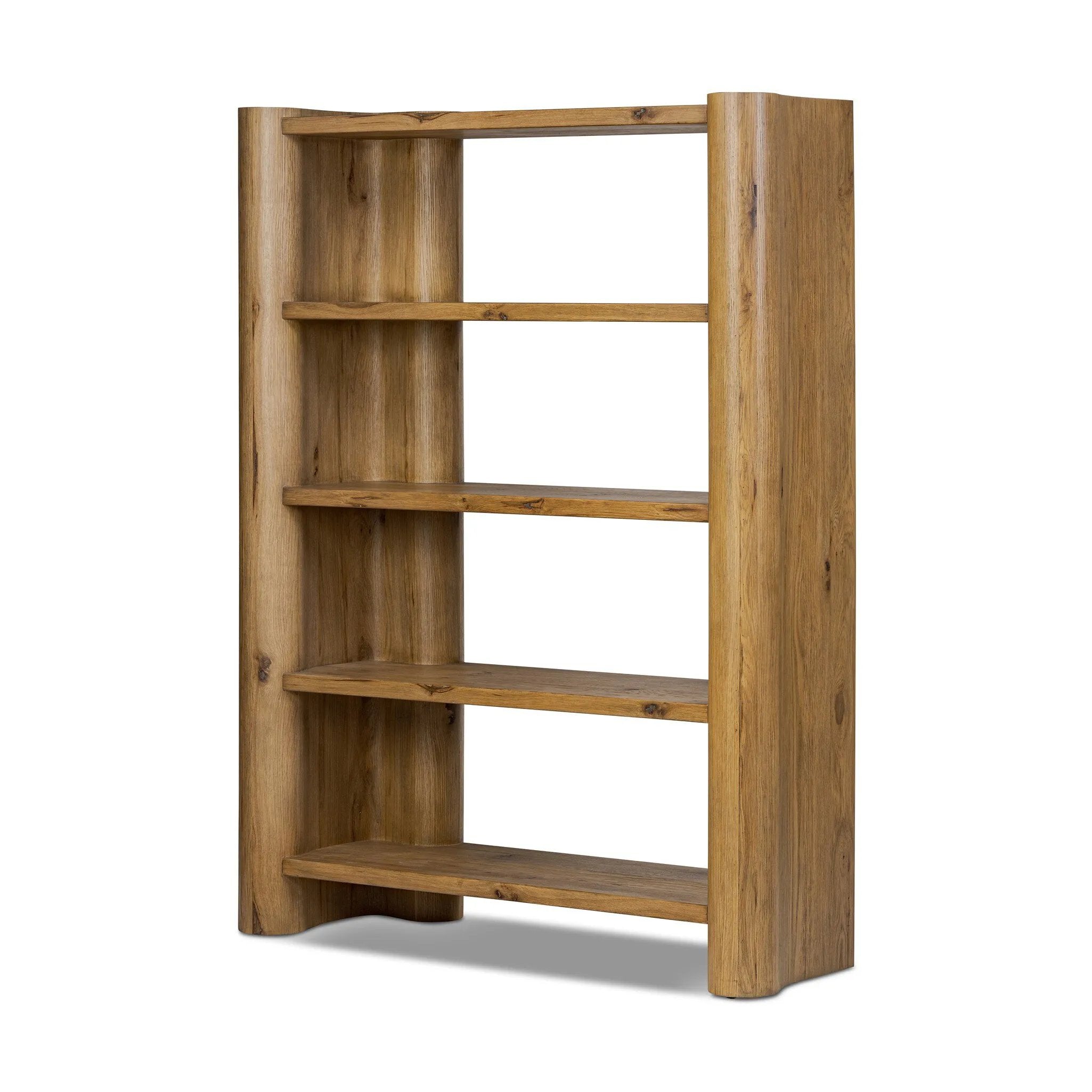 Thick, curvy and rounded sides give this bookcase its playful character inspired by soft Brutalism. Made from light, solid oak, substantial shelving provides generous space for books, photos and keepsakes Amethyst Home provides interior design, new home construction design consulting, vintage area rugs, and lighting in the San Diego metro area.