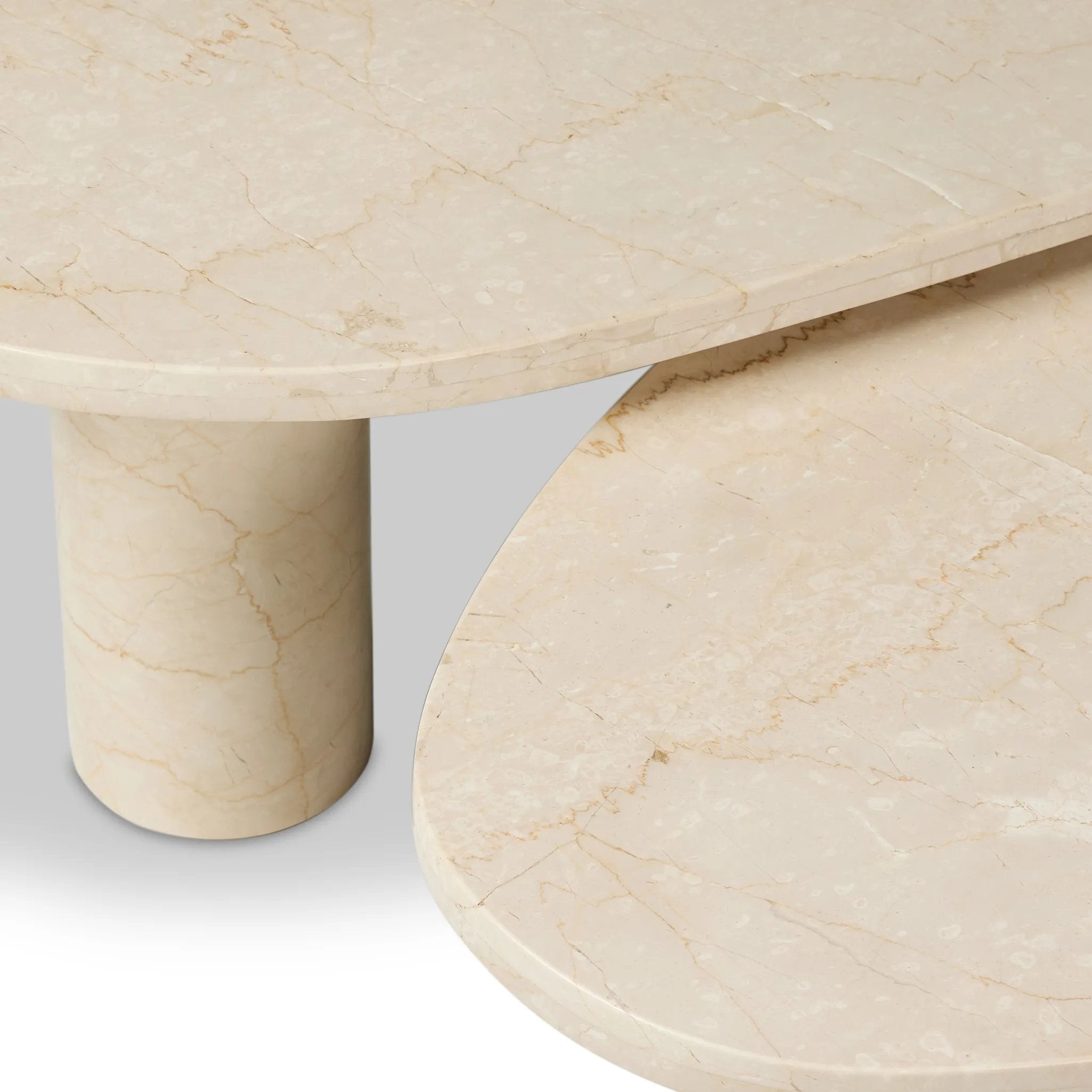 Featuring Zion Cream Marble Nesting Coffee Tables by Four Hands at Amethyst Home. Made from solid marble with visible natural veining, turned pillar-style legs complement organically shaped tabletops, perfectly sized for nesting. Option to buy tables individually or together as a two-piece set.Overall Dimensions: 48.00"w x 30.00"d x 15.00"hWeight : 386.78 lbsM. Amethyst Home provides interior design, new home construction design consulting, vintage area rugs, and lighting in the Austin metro area.