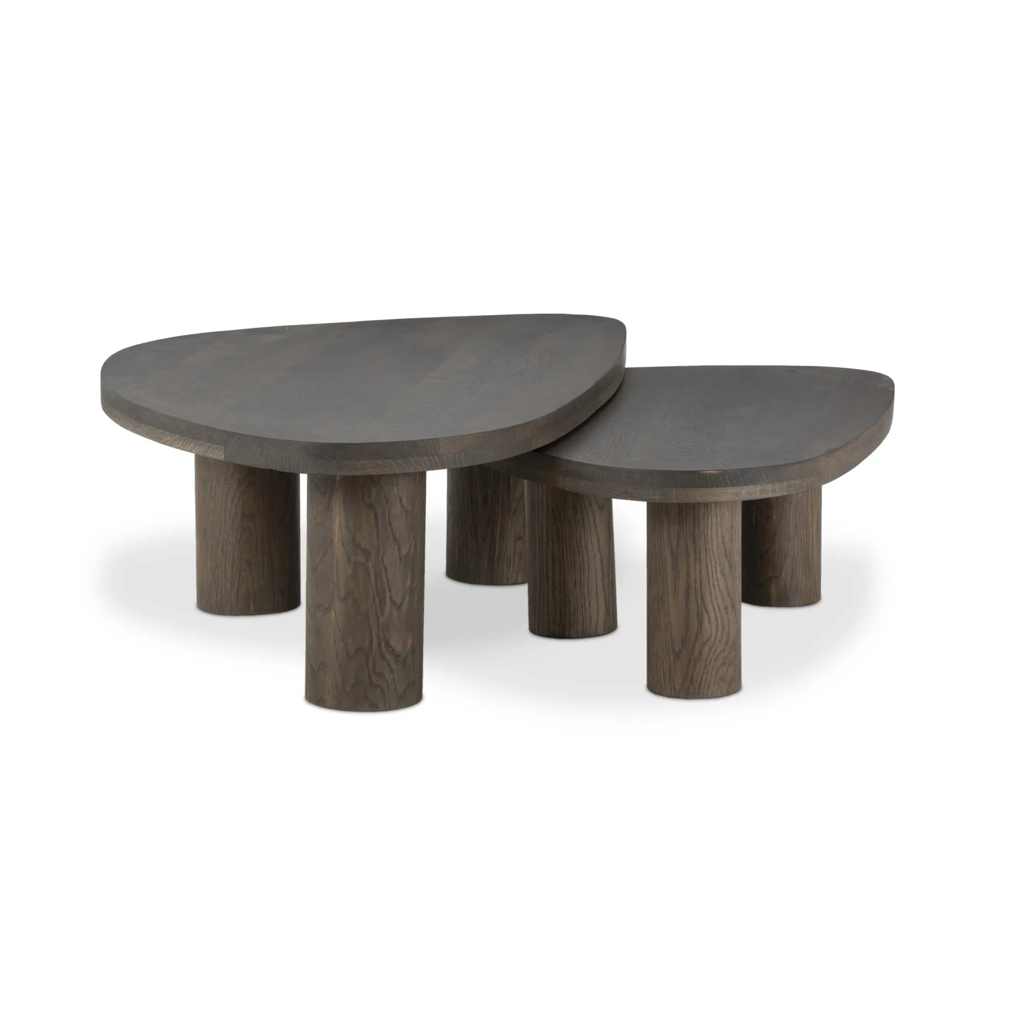 Made from solid natural oak, turned pillar-style legs complement organically shaped tabletops, perfectly sized for nesting. Option to buy tables individually or together as a two-piece set Amethyst Home provides interior design, new home construction design consulting, vintage area rugs, and lighting in the Austin metro area.