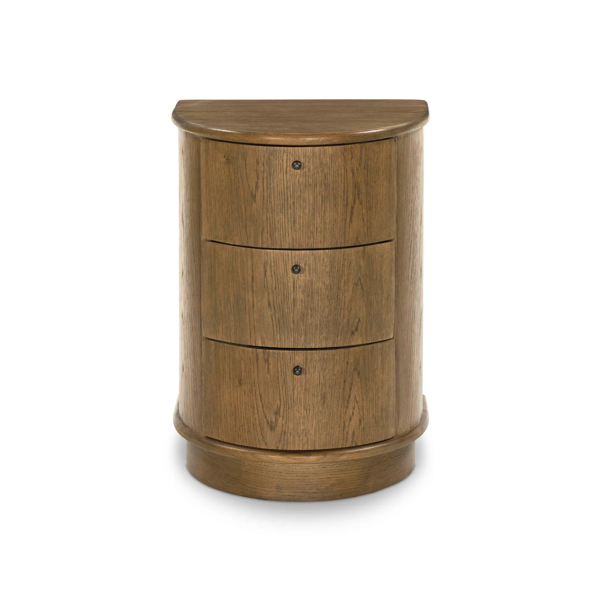Modern with hints of heritage and Art Deco, crafted of warm, spiced oak. A flexible layering piece that can be styled just about anywhere — as a nightstand or in the entryway or hallway, its slight scale and demilune shape are great for smaller spaces, as its flat back can be styled right up against the wall. Amethyst Home provides interior design, new home construction design consulting, vintage area rugs, and lighting in the Monterey metro area.