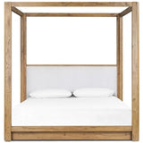 Minimalist and modern, this platform-style canopy bed is framed to a low profile and softened with an upholstered headboard. The character-rich oak's rounded corners and light brown finish add to the bed's fresh appeal Amethyst Home provides interior design, new home construction design consulting, vintage area rugs, and lighting in the Charlotte metro area.