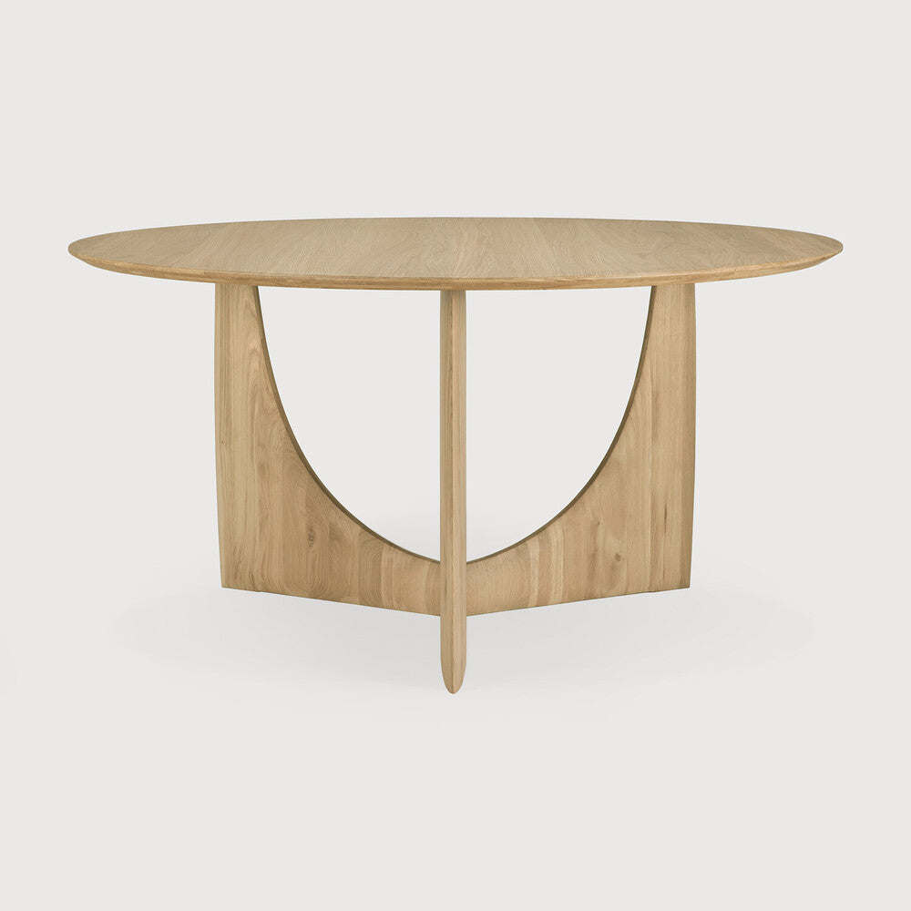 Featuring Geometric Oak Round Dining Table by Ethnicraft at Amethyst Home. In the Geometric collection, shapes intersect in unexpected ways, creating playful contrasts with light and shadow at every angle. Inspired by the bestselling side table, the round Geometric dining table makes a practical statement.Weight : 128 lbs Dimensions: 59.5" W x 59.5" L x 30" H. Amethyst Home provides interior design, new construction, custom furniture, and area rugs in the Tampa metro area