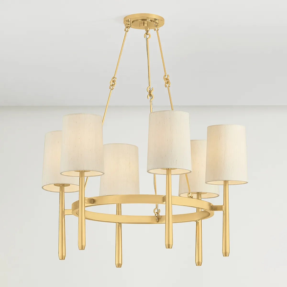 Combining soft materiality and refined form language, the Bridgeton family blends into both modern and classic interiors. Natural silk shades add depth and richness by adding texture to the framework. While the sconce is minimal and timeless, the two sizes of chandelier feature a unique twist on a ring silhouette. Amethyst Home provides interior design, new home construction design consulting, vintage area rugs, and lighting in the Salt Lake City metro area.