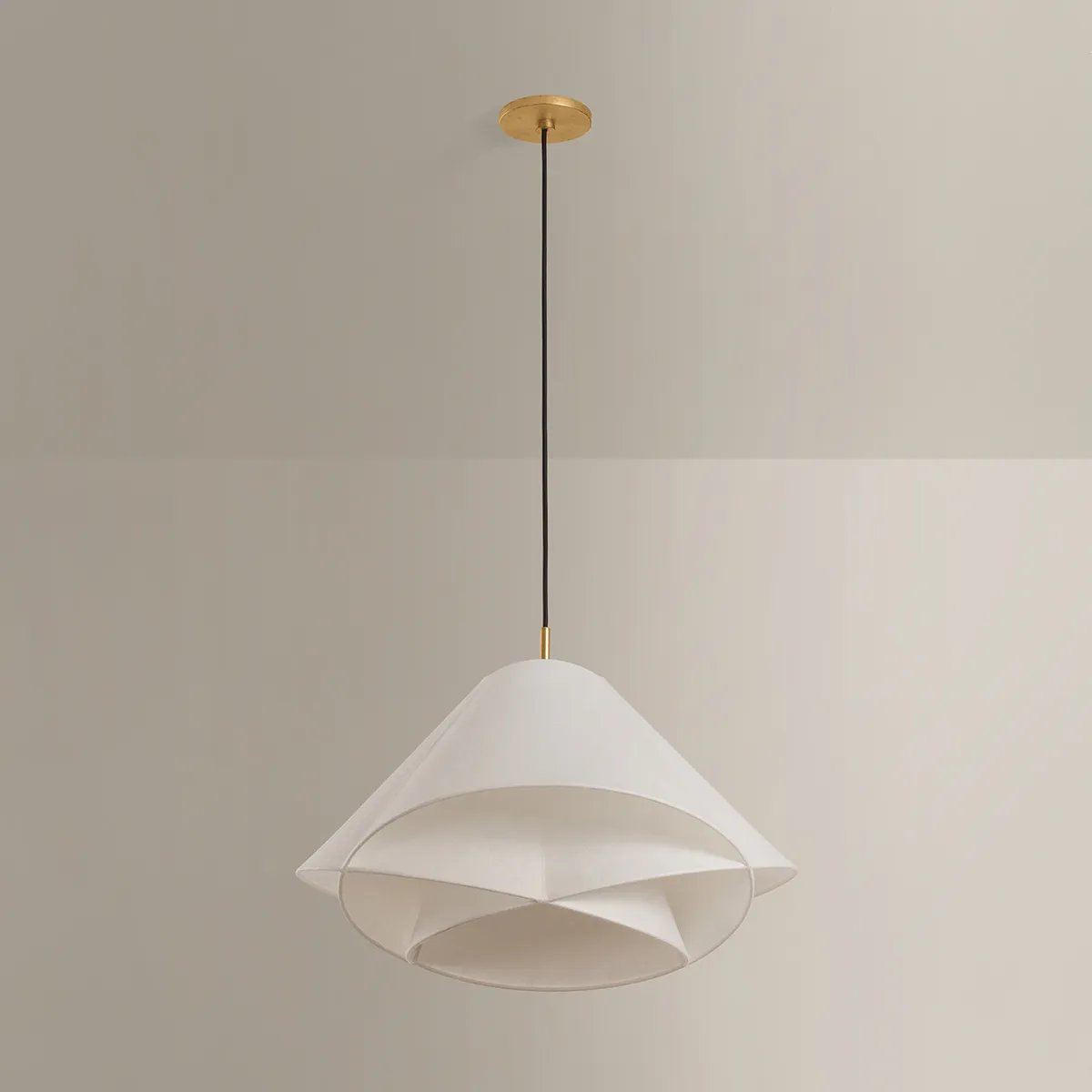 The dynamically layered design of the Edna pendant seeks to push the boundaries of what is possible with a handmade paper shade construction. Constructed as one piece, the shade is comprised of three identical pieces that intersect one another in a perfect geometric array. Amethyst Home provides interior design, new home construction design consulting, vintage area rugs, and lighting in the Monterey metro area.