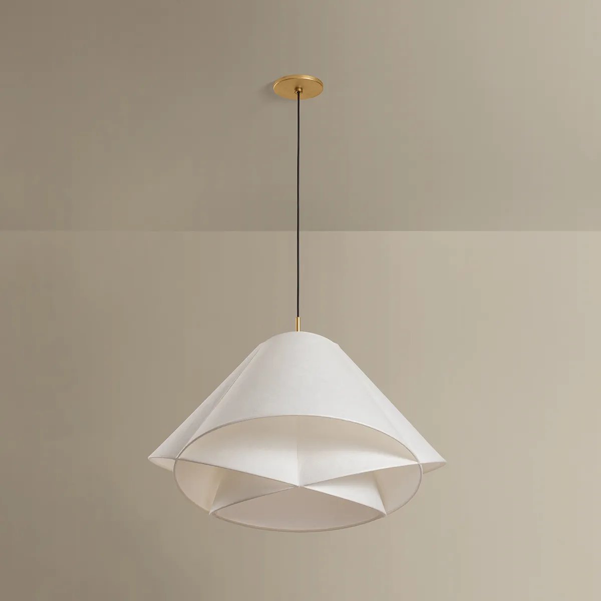 The dynamically layered design of the Edna pendant seeks to push the boundaries of what is possible with a handmade paper shade construction. Constructed as one piece, the shade is comprised of three identical pieces that intersect one another in a perfect geometric array. Amethyst Home provides interior design, new home construction design consulting, vintage area rugs, and lighting in the Salt Lake City metro area.