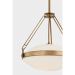 The Kade pendant updates a nostalgic shape with sleek, industrial metalwork and two large opal matte glass shades. Inspired by vintage elements, it features a striking suspension technique with three oversized loops connecting to the central housing above the fixture. The Patina Brass finish adds old-world finesse to the frame. Amethyst Home provides interior design, new home construction design consulting, vintage area rugs, and lighting in the Monterey metro area.