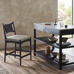 Featuring Haddon Antwerp Natural Counter Stool by Four Hands at Amethyst Home. A curved back wrapped and textural woven paper cord take this everyday counter stool to new heights. Black-finished parawood frames a linen-blend seat for a clean look with contrast.Overall Dimensions: 19.75"w x 23.25"d x 39.25"hWeight : 19.51 lbsMaterials : 39% Linen, 35% Cotton, 26% Polyester, Solid Nett. Amethyst Home provides interior design, new construction, custom furniture, and area rugs in the Boston metro area
