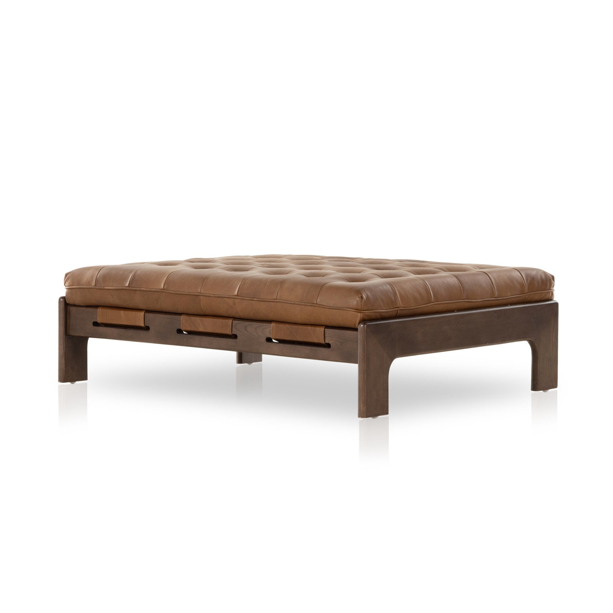 A Seventies-era style inspired by a flea market find. Top-grain leather features dramatic tufting with sling detailing and wide ash framing below. Sourced from one of the oldest family-owned tanneries in Italy's Bassano del Grappa, heirloom leather is salvaged and processed from upcycled hides featuring an abundance of natural markings, scars and color variations. Amethyst Home provides interior design, new construction, custom furniture, and area rugs in the Boston metro area