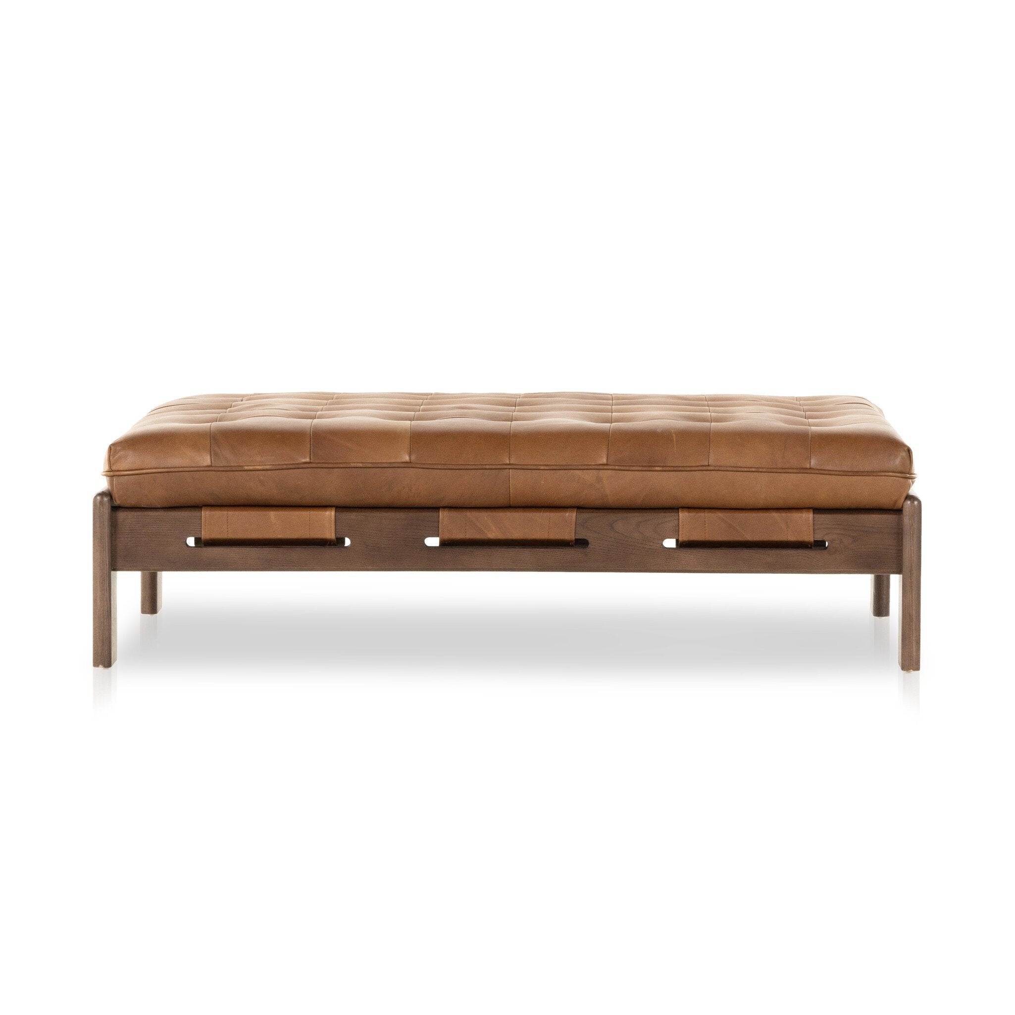 A Seventies-era style inspired by a flea market find. Top-grain leather features dramatic tufting with sling detailing and wide ash framing below. Sourced from one of the oldest family-owned tanneries in Italy's Bassano del Grappa, heirloom leather is salvaged and processed from upcycled hides featuring an abundance of natural markings, scars and color variations. Amethyst Home provides interior design, new construction, custom furniture, and area rugs in the Miami metro area