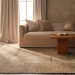 Beauty is on the horizon with the Bezem Aytana. The Aytana design features a mid-century linear pattern in tonal shades of beige for subtle visual depth. Hand-knotted from easy-care wool with a high-low pile, this piece is as practical as it is captivating—a true testament to modern craftsmanship.Hand Knotte Amethyst Home provides interior design, new home construction design consulting, vintage area rugs, and lighting in the Tampa metro area.