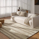 A contemporary interplay of cream and green comes to life in a striking abstract linear design. Crafted from a luxurious blend of viscose and silk, the Jovian design’s luminous sheen accentuates the depth and movement of its pattern. This handknotted piece exudes sophistication and exceptional craftsmanship, making it a stunning foundation.HIB0 Amethyst Home provides interior design, new home construction design consulting, vintage area rugs, and lighting in the Dallas metro area.
