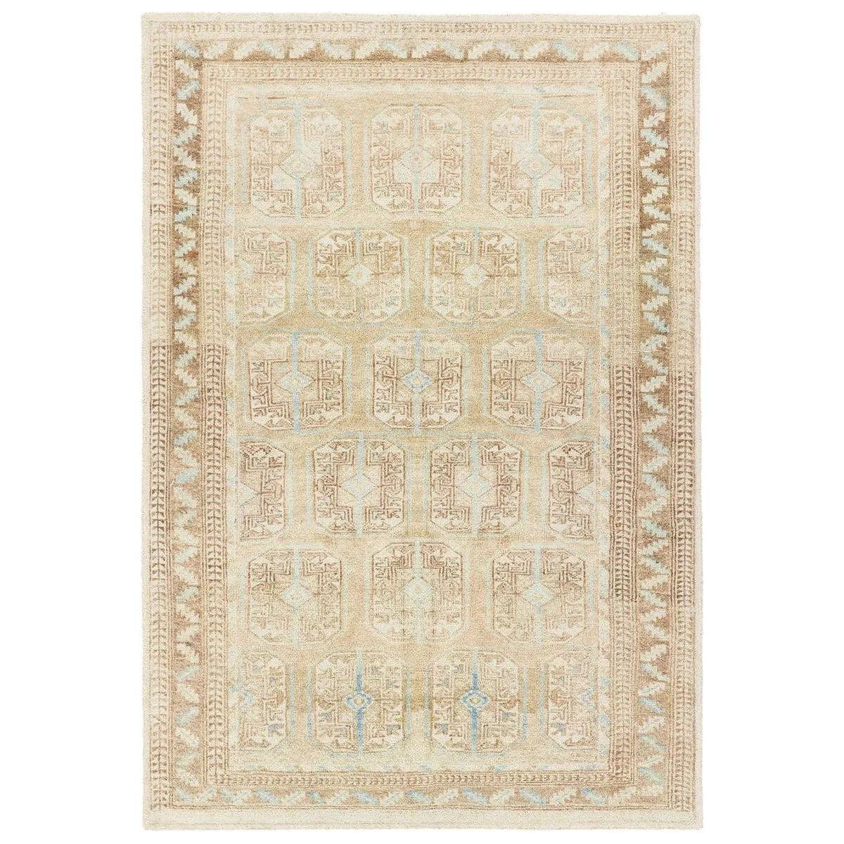 The Magnus design features a traditional pattern of small medallions set against a warm tan and beige backdrop, highlighted by subtle blue accents. Its vintage, distressed finish adds character and charm, making it feel like a treasured heirloom from the very first step.Hand Tufte Amethyst Home provides interior design, new home construction design consulting, vintage area rugs, and lighting in the Salt Lake City metro area.