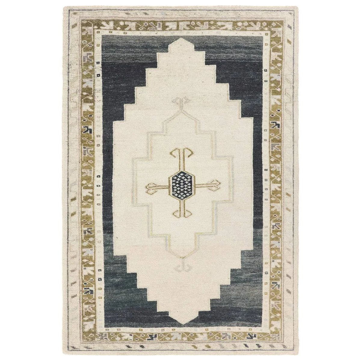 The Stellar design merges timeless tradition with a vintage-inspired aesthetic. Featuring a striking central medallion, this rug is set against an elegant beige and black backdrop, accented by rich green detailing. Its classic pattern, paired with a gently distressed finish, creates an heirloom quality.Hand Tufte Amethyst Home provides interior design, new home construction design consulting, vintage area rugs, and lighting in the Des Moines metro area.
