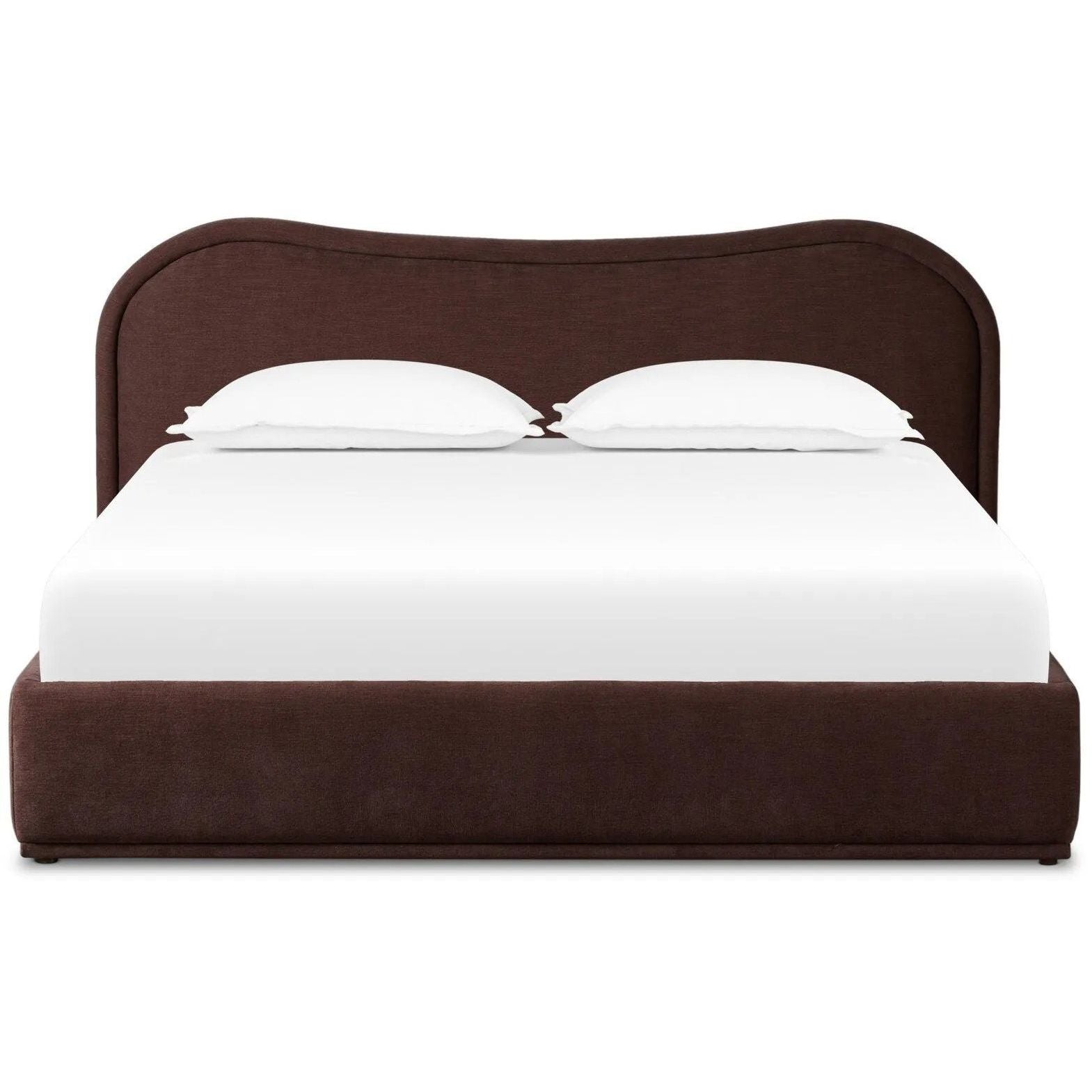 Subtly curved, this swooping bed frame is fully upholstered in a soft, plum-hue fabric for an inviting look that's rich in comfort Amethyst Home provides interior design, new home construction design consulting, vintage area rugs, and lighting in the Dallas metro area.