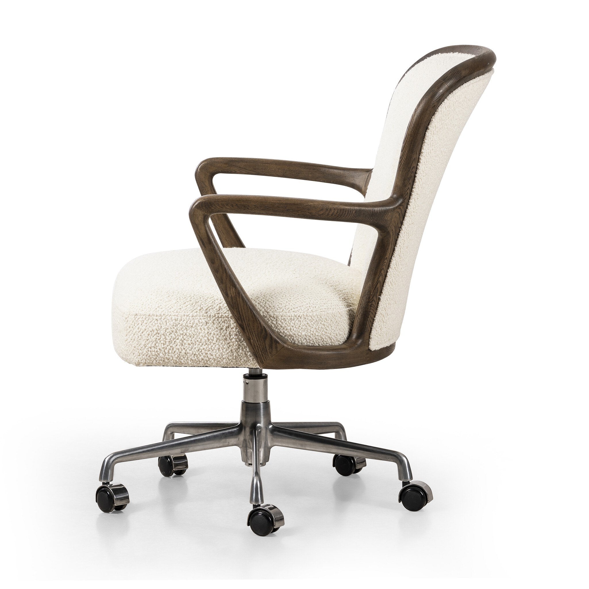 Featuring Lilo Durham Cream Desk Chair by Four Hands at Amethyst Home. Heritage inspiration meets modern comfort in a desk chair. Soft curves of grey-finished wood frame a seat of textural cream fabric. Height adjustable with a 360-degree swivel base and smooth-rolling casters ensures ease in the workplace.Overall Dimensions: 26.00"w x 28.00"d x 35.00"hWeight : 33.07 lbsMaterials : 61. Amethyst Home provides interior design, new construction, custom furniture, and area rugs in the Tampa metro area