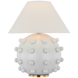 Featuring Linden Plaster White Medium Orb Table Lamp by Visual Comfort at Amethyst Home. The Linden is an exploration of bold forms in a simple palette of rich metallic accents, with white and black. Modern and sophisticated curved lines and spherical silhouettes contrast with straight edges to lend interiors a contemporary Kelly Wearstler accent.
Overall Dimensions: 21" L x 21" W x . Amethyst Home provides interior design, new construction, custom furniture, and area rugs in the Dallas metro area