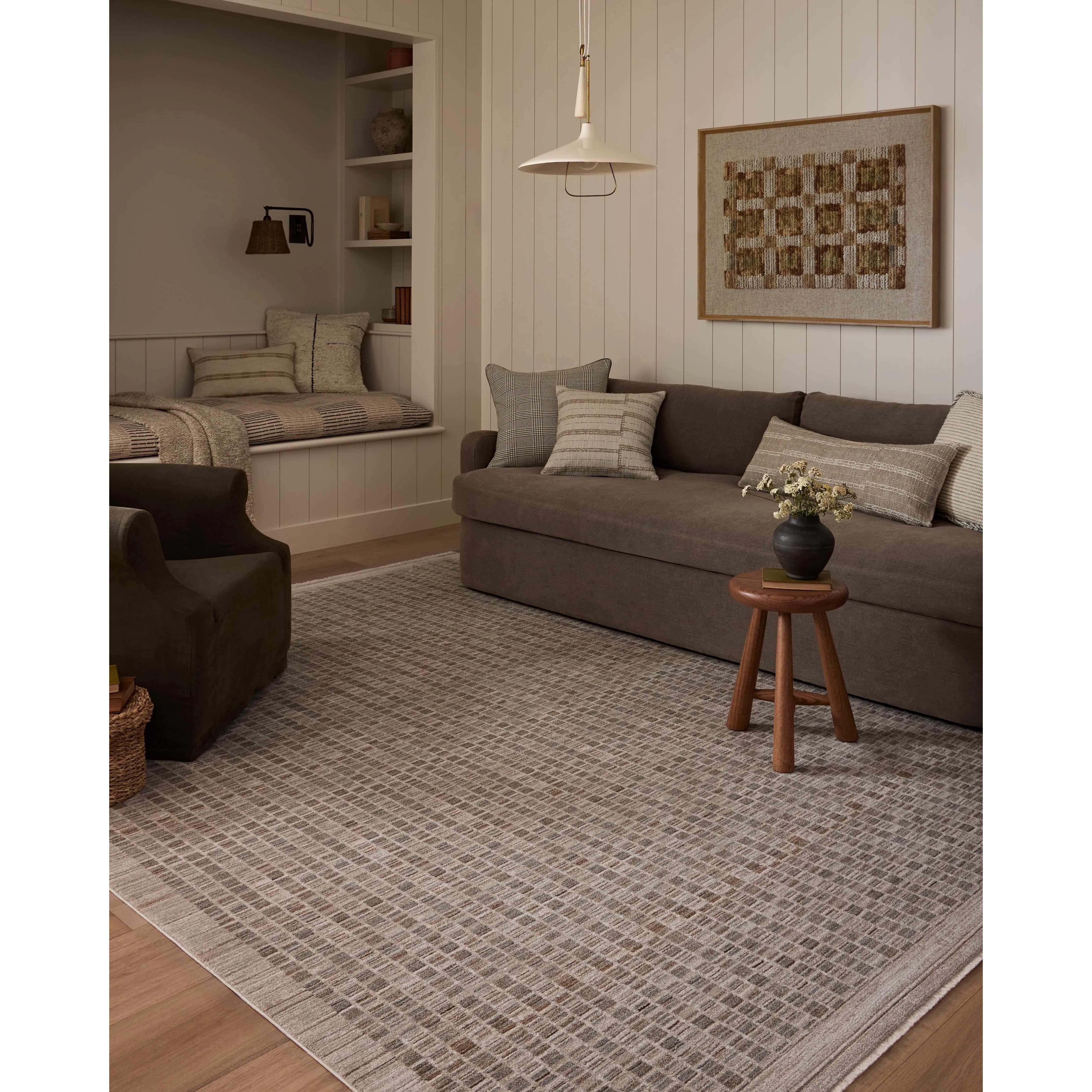 The Cali Collection by Amber Lewis x Loloi is a light-toned area rug with a casual geometric pattern that lends a neutral pattern to any space. Cali is power-loomed of polyester in Turkey for easy-to-clean, no-shed durability in high-traffic areas. This collection is also OEKO-TEX certified, ensuring its materials do not contain harmful substances. Amethyst Home provides interior design, new home construction design consulting, vintage area rugs, and lighting in the San Diego metro area.