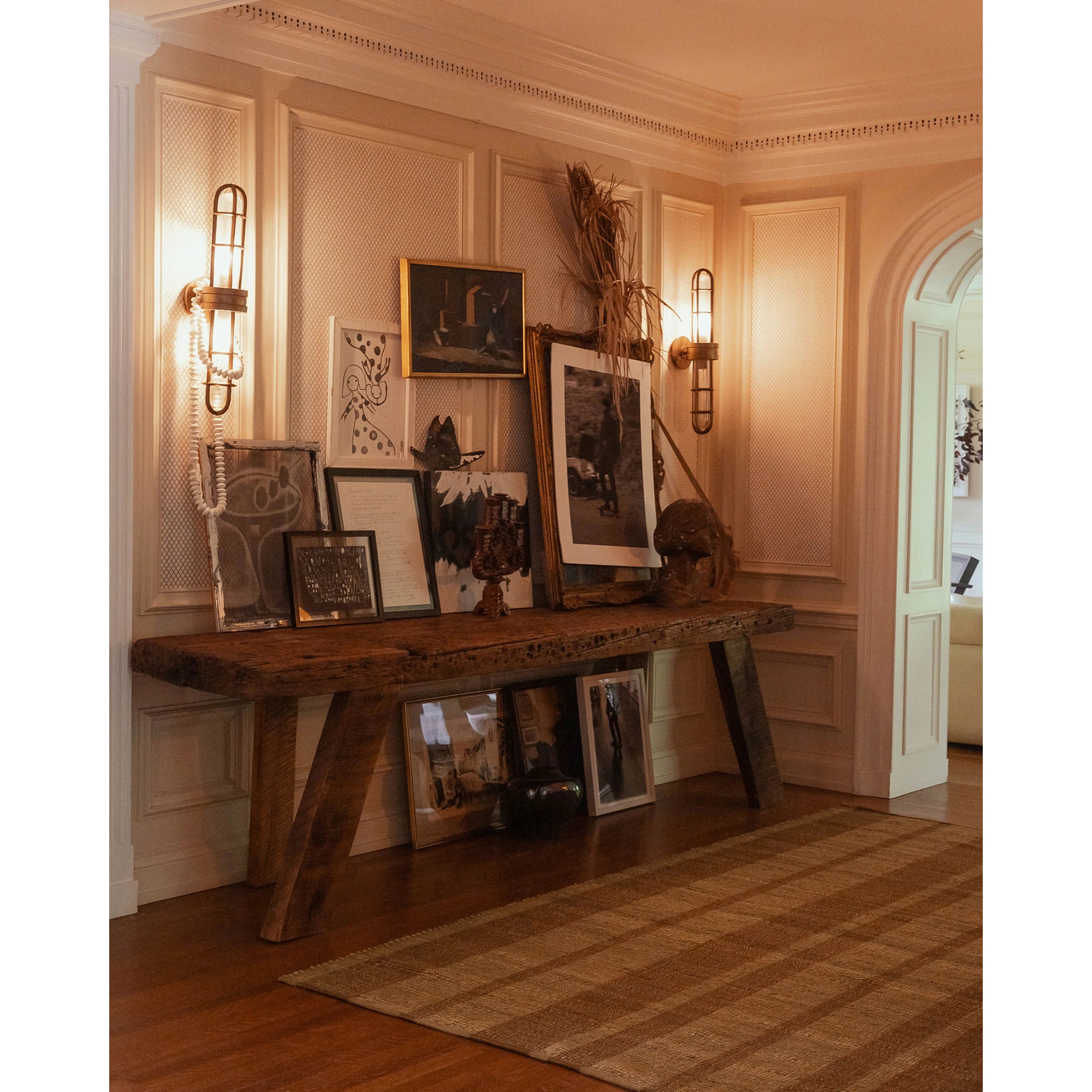 The Weatherstaff Collection is a vertically striped jute area rug with an organic look and feel, designed by Leanne Ford x Loloi. The earth-toned area rug features flatwoven jute that creates a ribbed texture horizontally, with stripes that are vertical—a playful combination. Amethyst Home provides interior design, new home construction design consulting, vintage area rugs, and lighting in the Austin metro area.