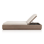 Featuring Lorelei Alessi Buff Outdoor Double Chaise by Four Hands at Amethyst Home. A slim, stylish profile made for lounging. A woven box base frames durable, outdoor-friendly cushioning in soft buff. An adjustable back offers personalized comfort, while a wooden plinth elevates this sleek design. Cover or store indoors during inclement weather and when not in use.Overall Dimens. Amethyst Home provides interior design, new construction, custom furniture, and area rugs in the Des Moines metro area