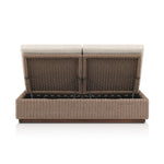 Featuring Lorelei Alessi Buff Outdoor Double Chaise by Four Hands at Amethyst Home. A slim, stylish profile made for lounging. A woven box base frames durable, outdoor-friendly cushioning in soft buff. An adjustable back offers personalized comfort, while a wooden plinth elevates this sleek design. Cover or store indoors during inclement weather and when not in use.Overall Dimensi. Amethyst Home provides interior design, new construction, custom furniture, and area rugs in the San Diego metro area