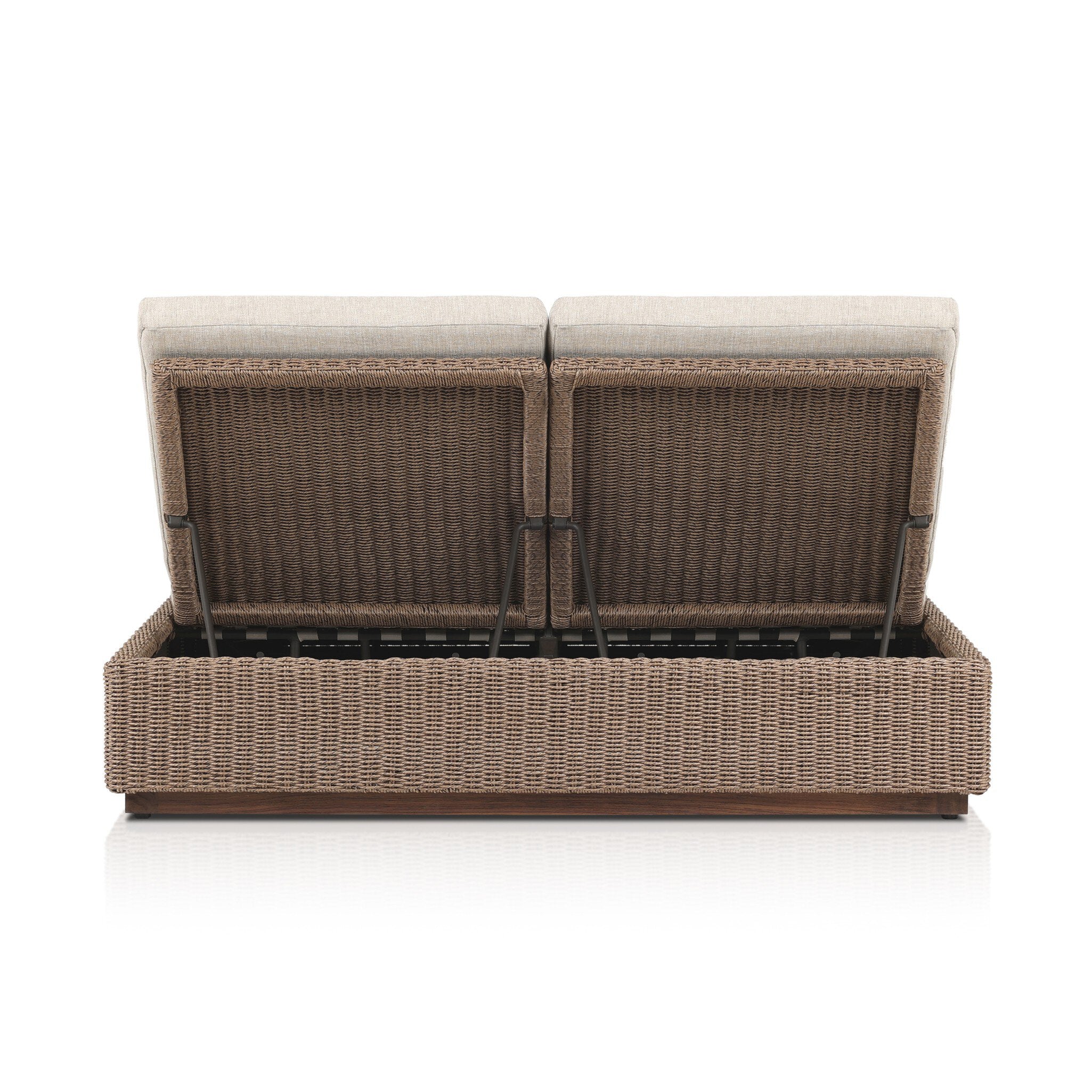 Featuring Lorelei Alessi Buff Outdoor Double Chaise by Four Hands at Amethyst Home. A slim, stylish profile made for lounging. A woven box base frames durable, outdoor-friendly cushioning in soft buff. An adjustable back offers personalized comfort, while a wooden plinth elevates this sleek design. Cover or store indoors during inclement weather and when not in use.Overall Dimensi. Amethyst Home provides interior design, new construction, custom furniture, and area rugs in the San Diego metro area