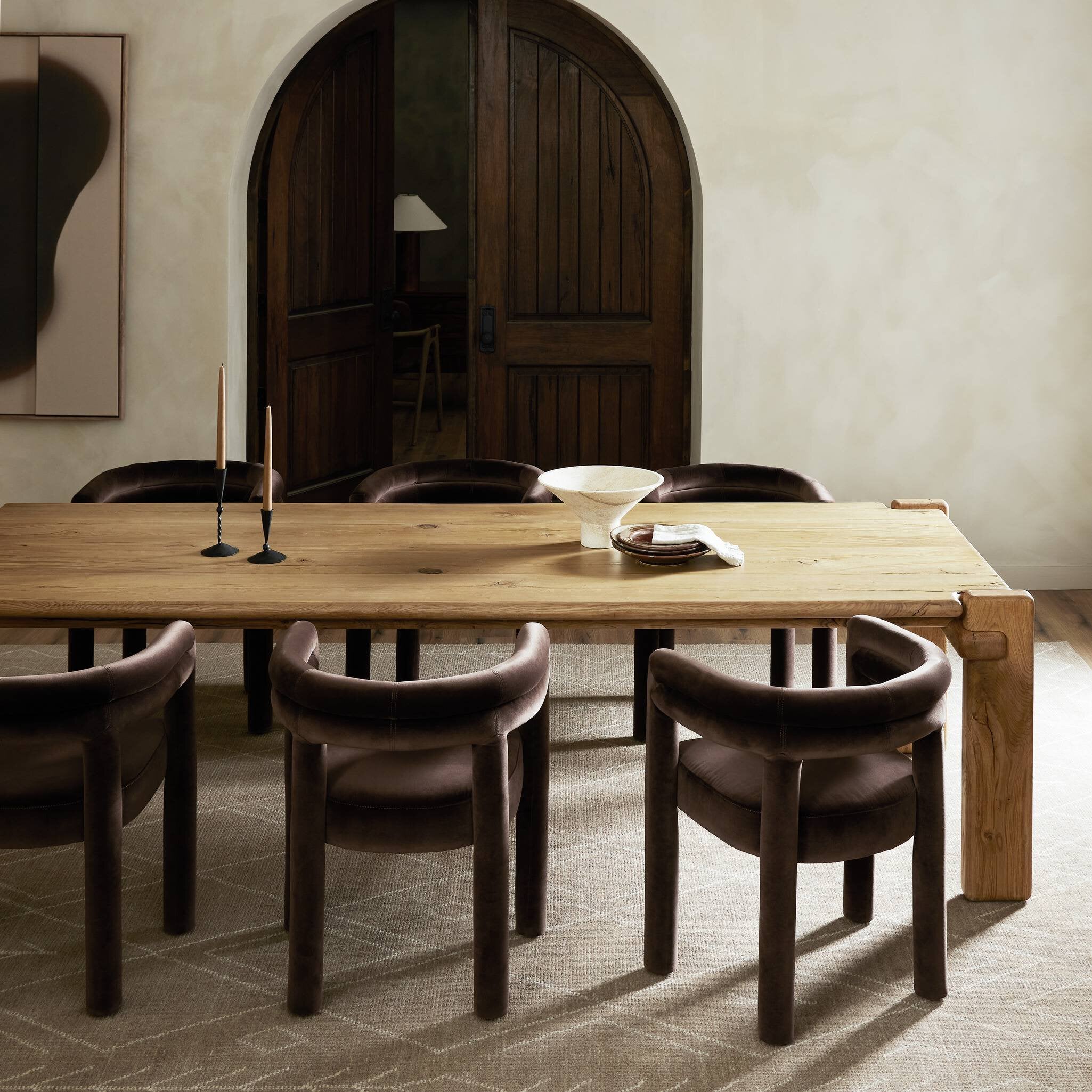 Featuring Marcia Natural Reclaimed French Oak Dining Table 120" by Four Hands at Amethyst Home. Designed by Thomas Bina and Ronald Sasson, a design partnership blending both modern minimalist and Brazilian influences. Crafted from natural reclaimed French oak with overstated joint details. Rounded edges bring a soft, playful feel to this grand-scale piece. Seats 12.Overall Dimensi. Amethyst Home provides interior design, new construction, custom furniture, and area rugs in the Charlotte metro area