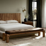 Featuring Marcia Nubuck Cigar Accent Bench by Four Hands at Amethyst Home. Designed by Thomas Bina and Ronald Sasson, a design partnership blending both modern minimalist and Brazilian influences. Crafted from natural reclaimed French oak with overstated joint details, with a top-grain leather cushion for comfort. Rounded edges bring a soft, playful feel to the entire piece.Overal. Amethyst Home provides interior design, new construction, custom furniture, and area rugs in the Charlotte metro area