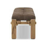 Featuring Marcia Nubuck Cigar Accent Bench by Four Hands at Amethyst Home. Designed by Thomas Bina and Ronald Sasson, a design partnership blending both modern minimalist and Brazilian influences. Crafted from natural reclaimed French oak with overstated joint details, with a top-grain leather cushion for comfort. Rounded edges bring a soft, playful feel to the entire piece.Overall Di. Amethyst Home provides interior design, new construction, custom furniture, and area rugs in the Omaha metro area