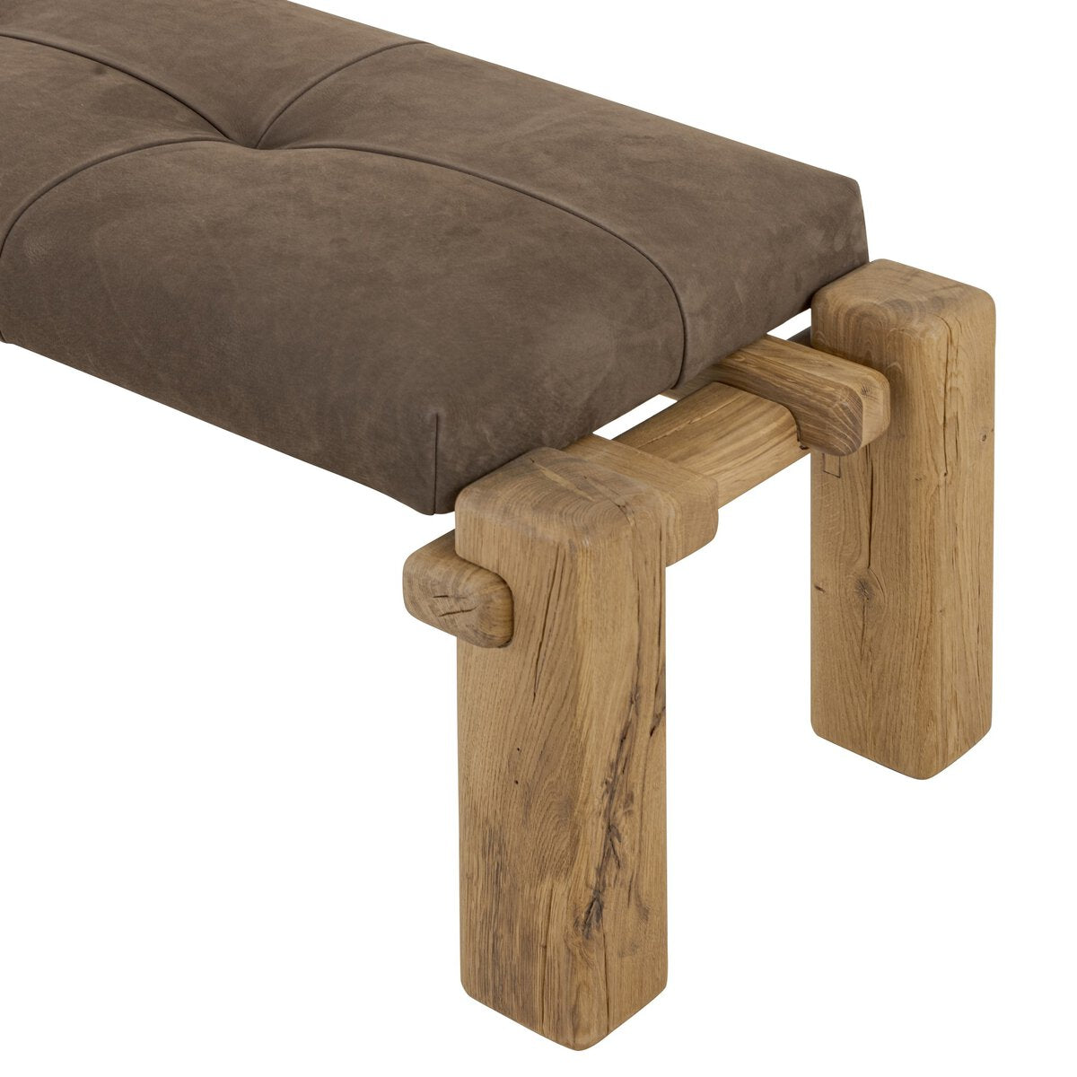 Featuring Marcia Nubuck Cigar Accent Bench by Four Hands at Amethyst Home. Designed by Thomas Bina and Ronald Sasson, a design partnership blending both modern minimalist and Brazilian influences. Crafted from natural reclaimed French oak with overstated joint details, with a top-grain leather cushion for comfort. Rounded edges bring a soft, playful feel to the entire piece.Overall Di. Amethyst Home provides interior design, new construction, custom furniture, and area rugs in the Tampa metro area