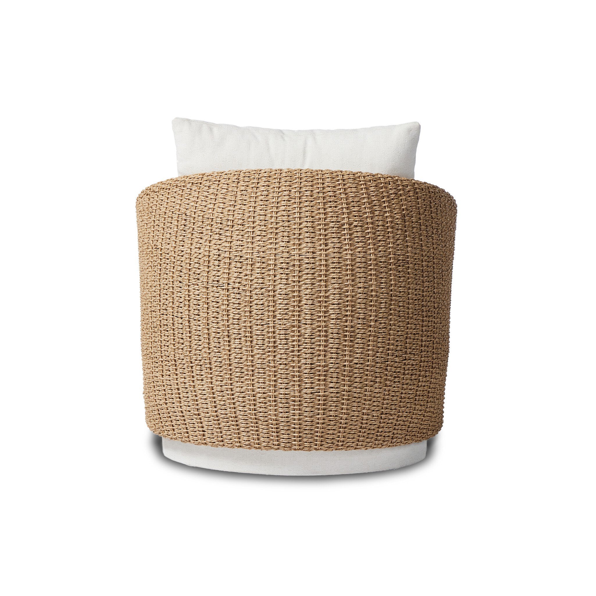 Featuring Maven Alessi Linen Outdoor Swivel Chair by Four Hands at Amethyst Home. Sustainably made with zero waste, luxurious Italian upholstery places a new and unique spin on indoor/outdoor seating, offering soft, durable fabric that's highly resistant to sun, stains, mold and abrasion. Shell framing of faux hyacinth weaves for extra texture atop a 360-degree swivel. Cover or. Amethyst Home provides interior design, new construction, custom furniture, and area rugs in the Laguna Beach metro area