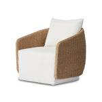 Featuring Maven Alessi Linen Outdoor Swivel Chair by Four Hands at Amethyst Home. Sustainably made with zero waste, luxurious Italian upholstery places a new and unique spin on indoor/outdoor seating, offering soft, durable fabric that's highly resistant to sun, stains, mold and abrasion. Shell framing of faux hyacinth weaves for extra texture atop a 360-degree swivel. Cover or s. Amethyst Home provides interior design, new construction, custom furniture, and area rugs in the Scottsdale metro area