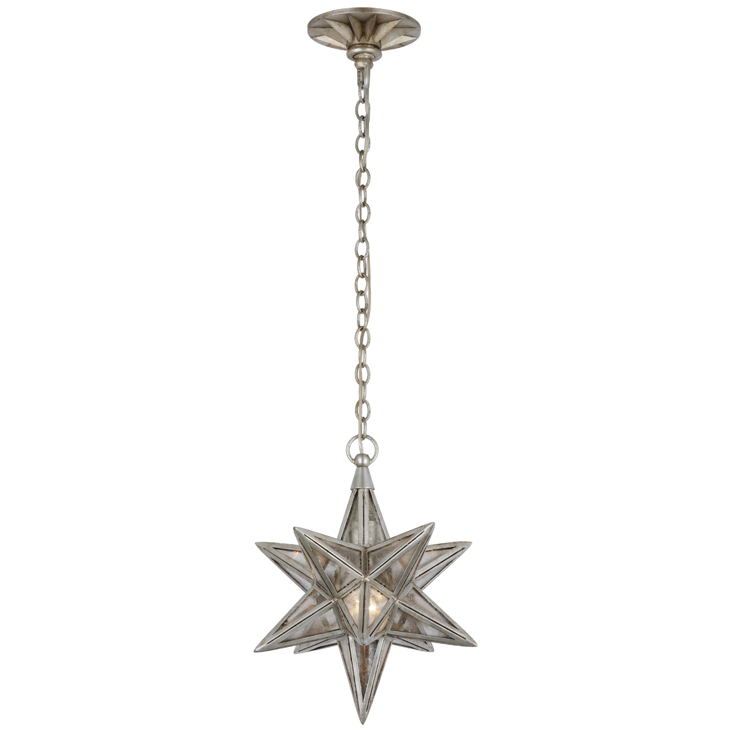 Featuring Moravian Small Star Lantern Burnished Silver Leaf by Visual Comfort at Amethyst Home. The Chapman & Myers Moravian Star reinterprets the classic multi-pointed star in antiqued mirror glass and metal, available in multiple finishes. Styled as a single lantern or combined to create a starry statement piece, the geometric lighting will lend a jewelry-like accent to modern i. Amethyst Home provides interior design, new construction, custom furniture, and area rugs in the San Diego metro area